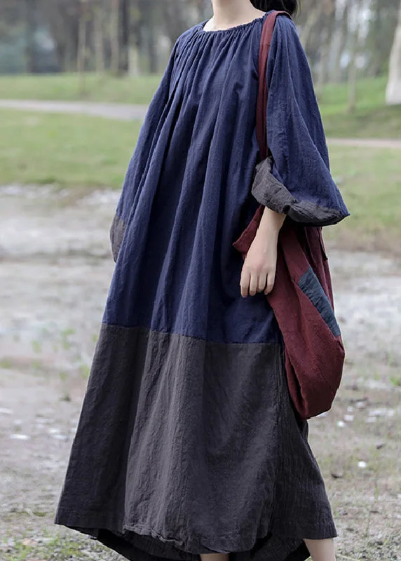 Vintage Colorblock Cinched Patchwork Maxi Dresses Long Sleeve VB1005 Tunics Chic fashionable