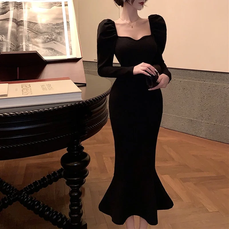 Zjkrl - Elegant Mermaid Black Long Dress Women Korean One Piece Vintage Gothic Evening Party Dress Autumn Casual Hepburn Slim Dress 2023 Tunics Custom made
