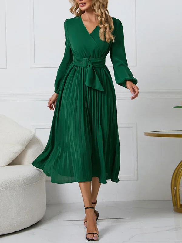 Zjkrl - Dress for Women Solid Color V Neck Long Sleeve Slim-fitting Pleated Dress Spring Summer Temperament Elegant Evening Party Skirts Elegant Long Evening