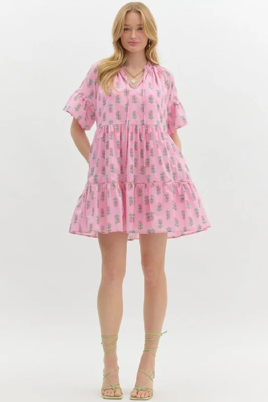 Printed Short Sleeve Mini Dress - Pink Fashionable Mini Dress with Frills