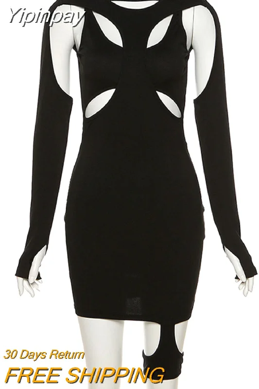 Yipinpay Cyber Gothic Grunge Women Mini Dresses Dark Punk Y2k Bodycon Long Sleeve Summer Dress Black Sexy Hollow Out Clubwear Chic Halter Mini Dress