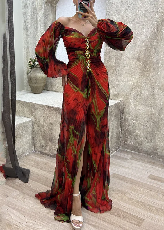 Red Side Open Cotton Long Dresses V Neck  Long Sleeve WW1055 Bodycon Club Sequined