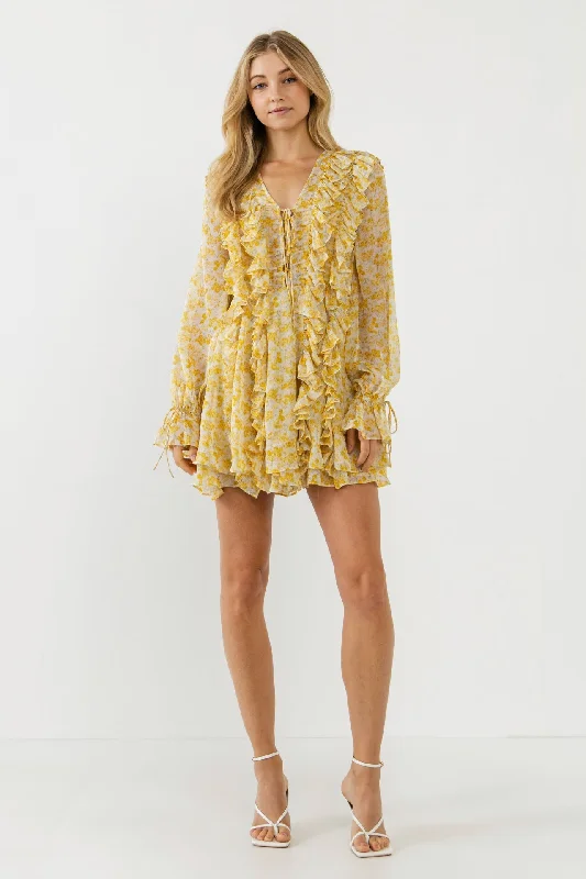 Endless Rose - Chiffon Floral Ruffled Mini Dress Comfortable Fit-and-Flare Mini Dress