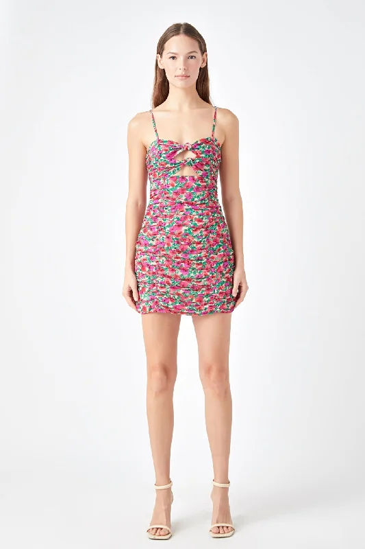 Endless Rose - Floral Double Knot Ruched Mini Dress Fashionable Summer Mini Dress