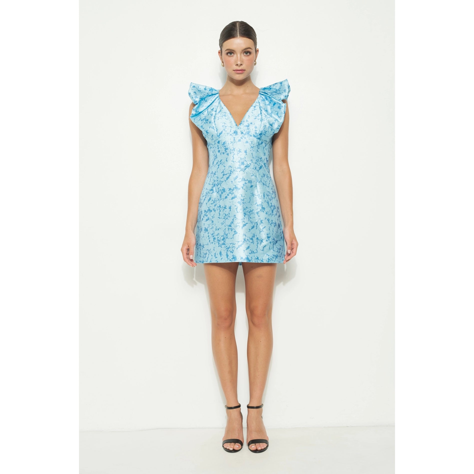 Satin Floral Print Detail Mini Dress - Blue Trendy Lace Mini Dress
