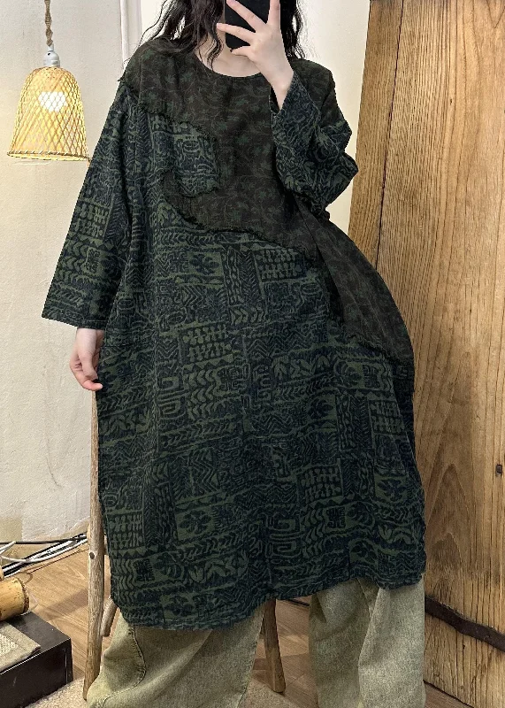 Retro Green Patchwork Print Long Dress Long Sleeve VB1075 Tunics Vintage classic