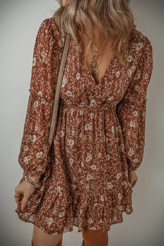 Brown Boho Floral Ruffle Puff Sleeve V Neck Mini Dress Comfortable Zip-Up Mini Dress Brown Boho Floral Ruffle Puff Sleeve V Neck Mini Dress Comfortable Zip-Up Mini Dress