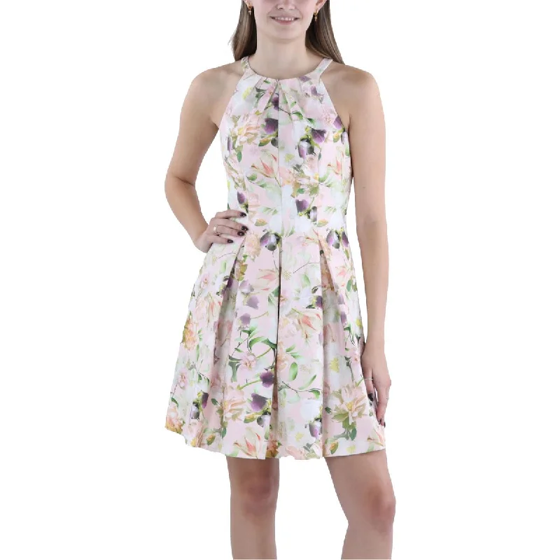 Womens Pleated Floral Print Fit & Flare Dress Tunics Sophisticated sleek