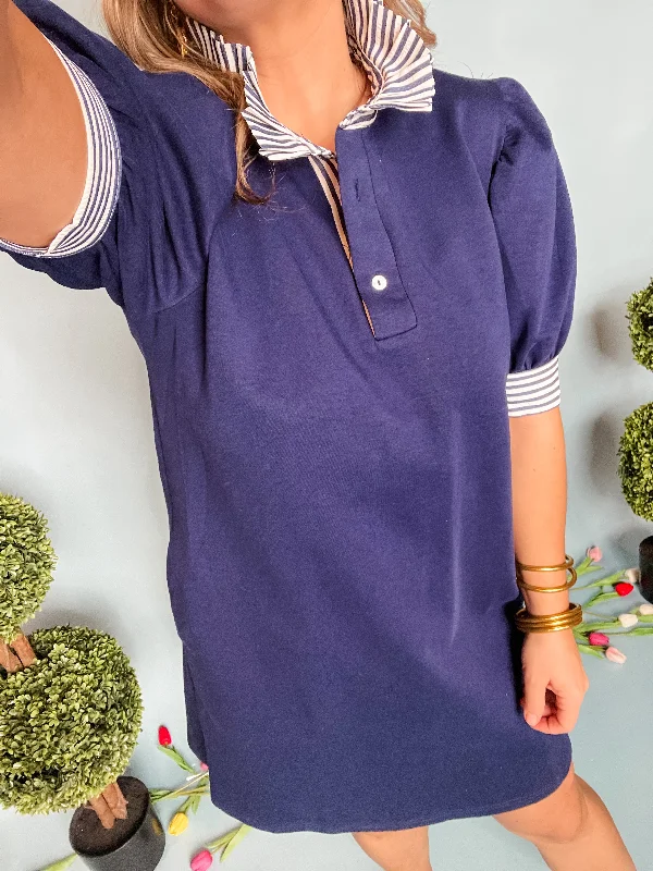 Solid Polo Short Sleeve Mini Dress- Navy Elegant Satin Mini Dress