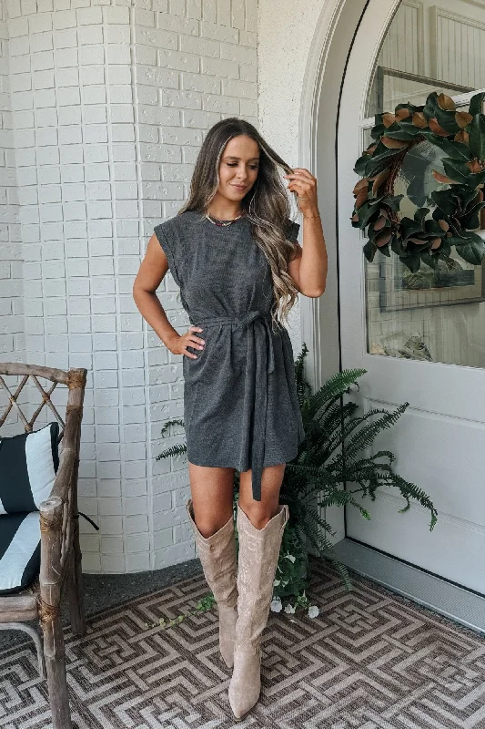 Women's Athleisure Belted Mini Dress | Travel Outfits | Charcoal Gray Comfortable Casual Mini Dress Women's Athleisure Belted Mini Dress | Travel Outfits | Charcoal Gray Comfortable Casual Mini Dress