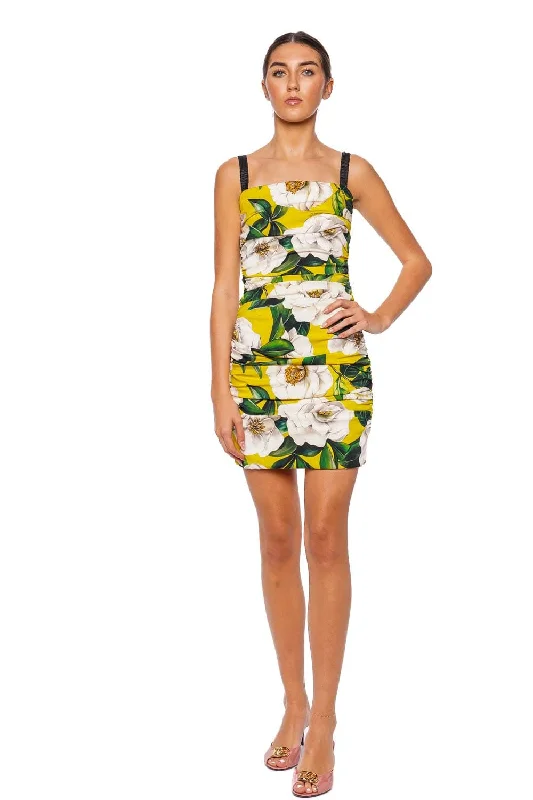 Yellow Gardenia Ruched Mini Dress Trendy Mini Dress with Belt