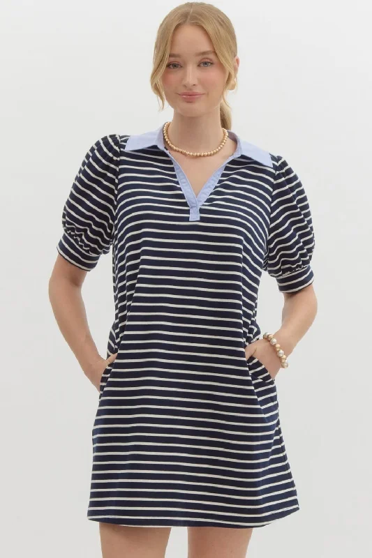 Puff Sleeve Collared Mini Dress - Navy Comfortable Polka Dot Mini Dress