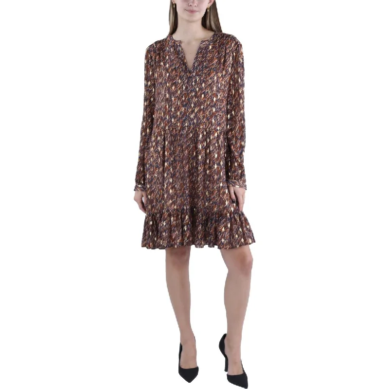 Womens Metallic Split Neck Mini Dress Tunics Winter warm