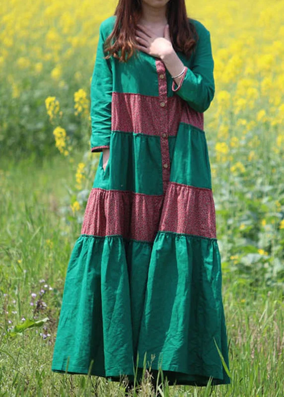 Style Green Print Pockets Maxi Dress Long Sleeve VB1029 Turtleneck Neckline Stylish