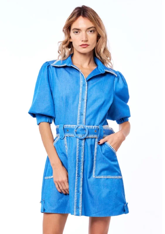 Gelso Denim Effect Mini Dress - Light Blue Chic Tropical Mini Dress