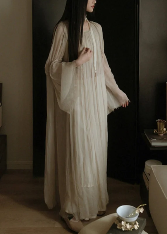 Elegant White Solid Wrinkled Silk Cotton Long Dress Flare Sleeve TT1050 A-Line Day Work