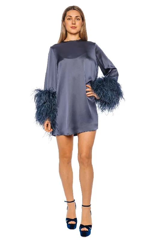 Marine Satin Shift Feathered Mini Dress Comfortable One-Shoulder Mini Dress
