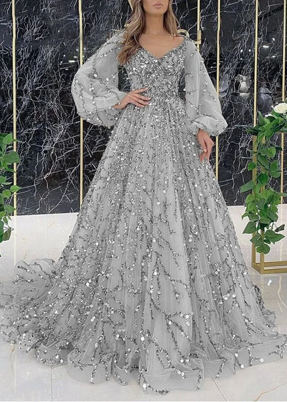 New Grey V Neck Nail Bead Tulle Maxi Dresses Spring WW1052 Tunics Sophisticated sleek New Grey V Neck Nail Bead Tulle Maxi Dresses Spring WW1052 Tunics Sophisticated sleek
