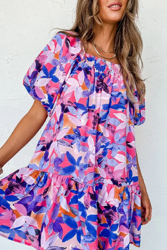 Purple Flower Print Short Puff Sleeve Ruffle Mini Dress Casual Mini Dress with Pockets Purple Flower Print Short Puff Sleeve Ruffle Mini Dress Casual Mini Dress with Pockets