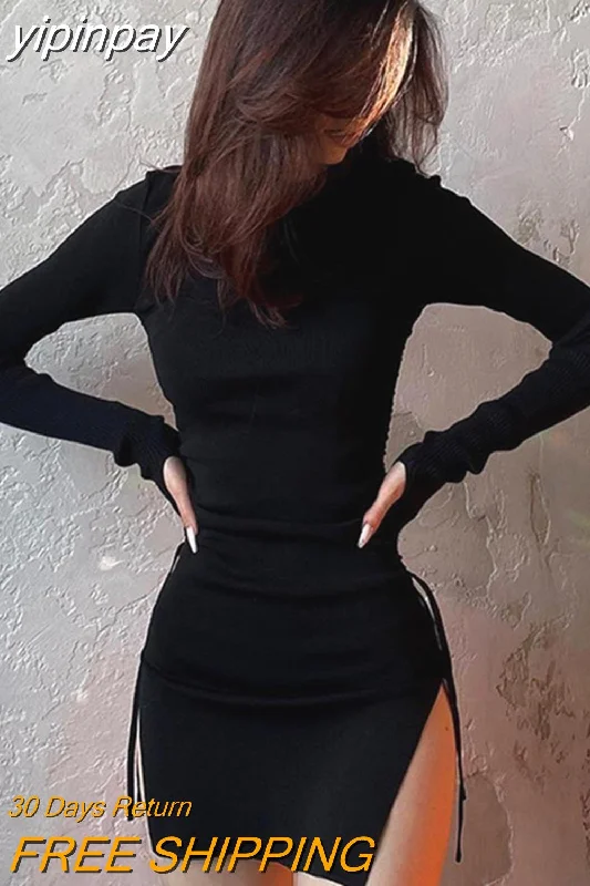 yipinpay Dress Long Sleeve Mini Dress Women Side Slit Drawstring Female Dress Autumn Winter Clothes Streetwear Bodycon Y2K Dress Chic Mini Dress with V-Neck
