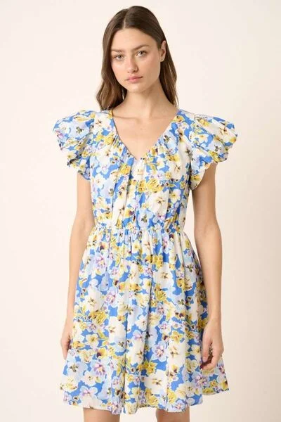 Floral V-Neck Cap Sleeve Mini Dress Trendy Lace Mini Dress