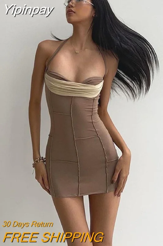 Yipinpay Mo Hollow Out Chest Wrapping V Neck Mini Dress for Women Elegant Outfits Club Party Gown Summer Slim Vestidos Summer Cozy Ribbed Mini Dress