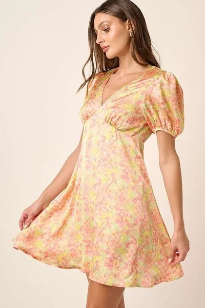 Printed V-Neck Puff Sleeve Mini Dress Cozy Knit Mini Dress