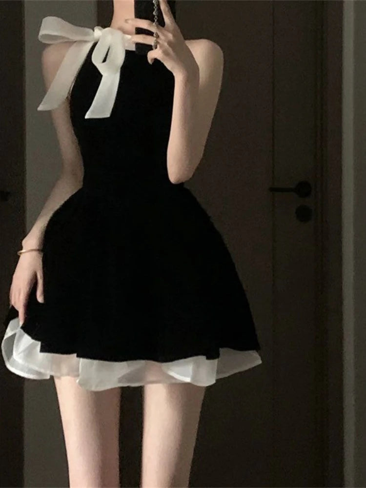 Yipinpay Sexy Dress Woman Bow Bandage Sleeveless Slim Patchwork Black Mini Dresses Puffy Elegant Vintage Ladies Summer Fashion Chic Fashionable Lace-Trim Mini Dress