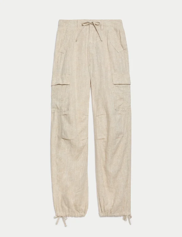 Linen Rich Straight Leg Cargo Trousers Trousers Gym Athletic