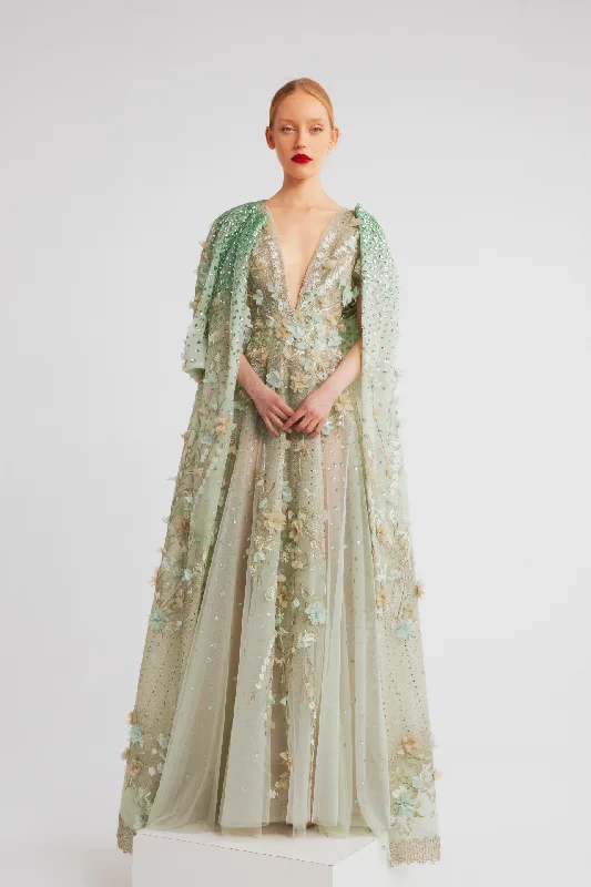 Floral embriodered tulle gown with coat Tie-Waist Belted Drawstring