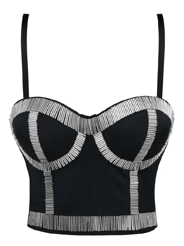 Women's Punk Metallic Stick Clubwear Party Bustier Bra Crop Top Sequined Glittery Shiny Women's Punk Metallic Stick Clubwear Party Bustier Bra Crop Top Sequined Glittery Shiny