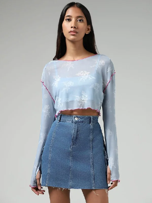 Nuon Light Blue Abstract Printed Mesh Crop Top Wool Fabric Cashmere Fabric Tweed Fabric