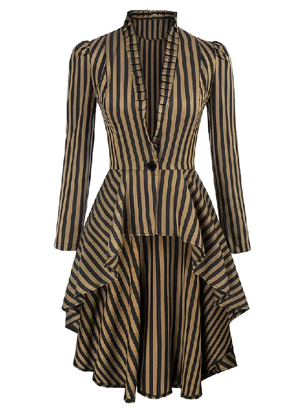 Brown 1940s Gothic Stripes High-Low Hem Coat Tie-Waist Belted Drawstring