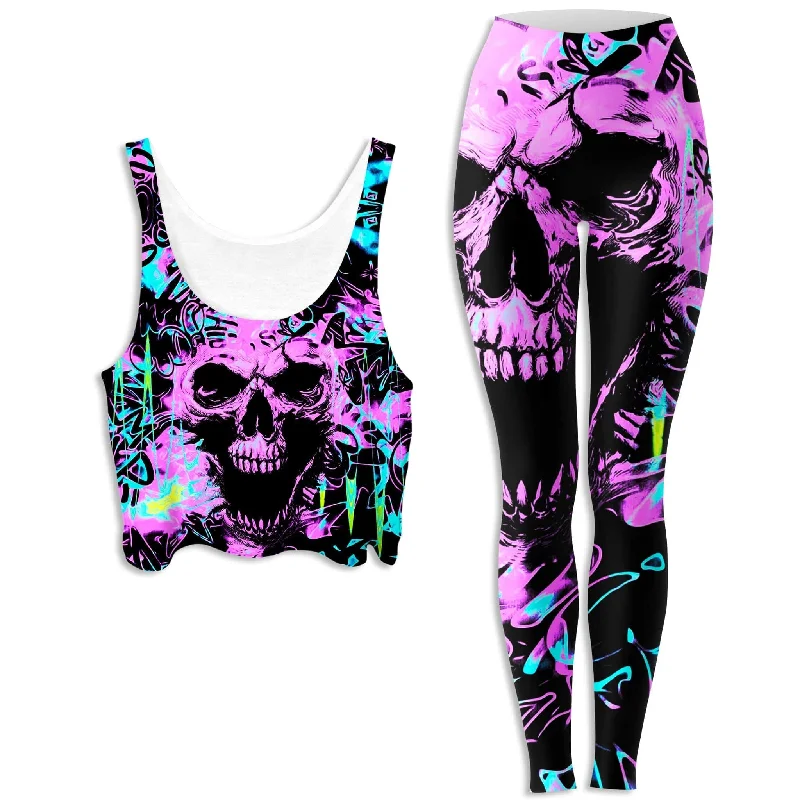 Skull Graffiti Crop Top and Leggings Combo Spandex Blend Rayon Blend Denim Blend