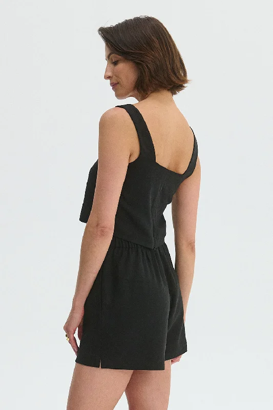 Sleeveless Crop Top Black Asymmetrical Pockets Print