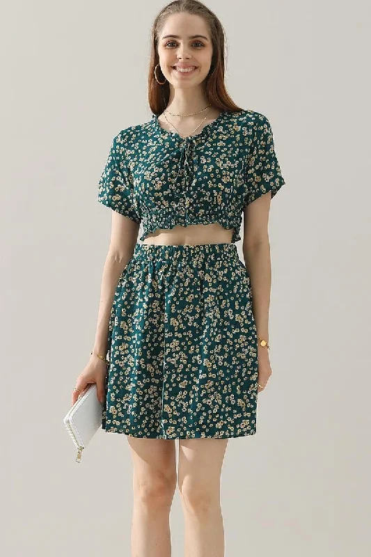 SMALL FLORAL CROP TOP AND HIGH WAIST SKIRT SET Layered Multi-layer Single Layer