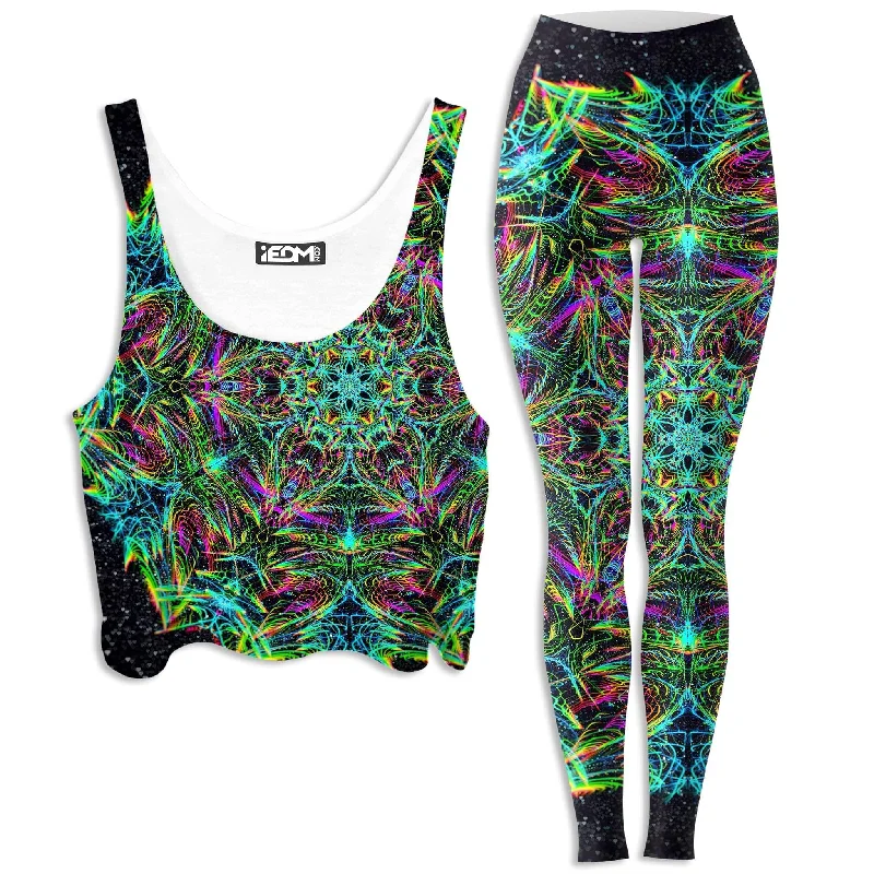 Green Warp Crop Top and Leggings Combo Ribbed Striped Patterned