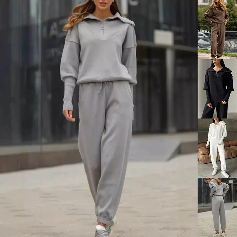 Long Sleeve Suit Zipper Lapel Top And Drawstring Trousers Fashion Casual Sports Clothing For Women Trousers Winter Warm