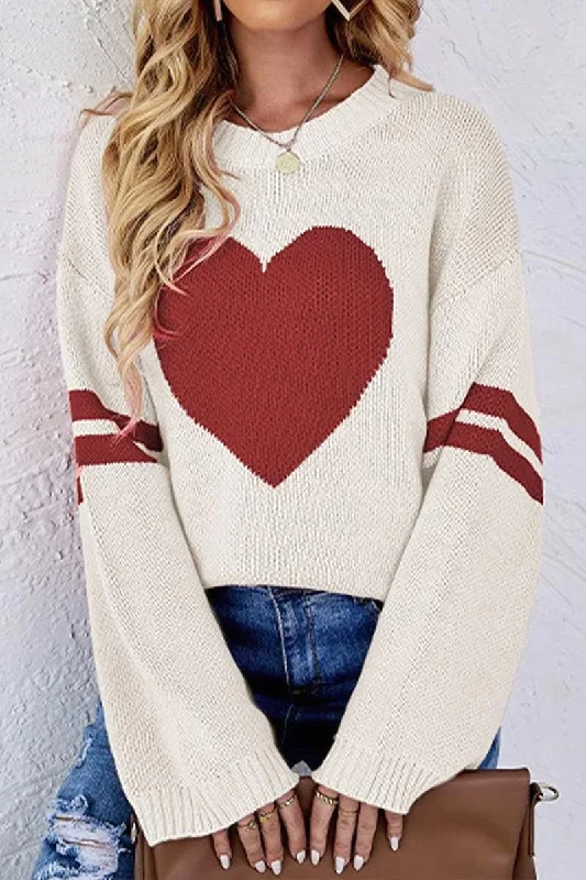 WOMEN OVERSIZED HEART PRINTING RIBBED PULLOVER TOP Crew Neck Wool