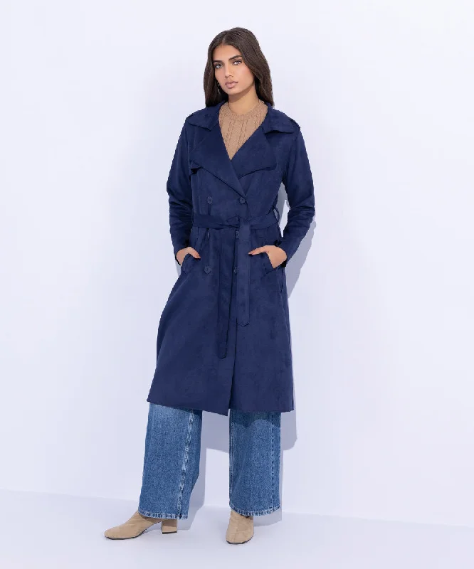 Suede Trench Coat with Belt Sequined Lace Ribbed