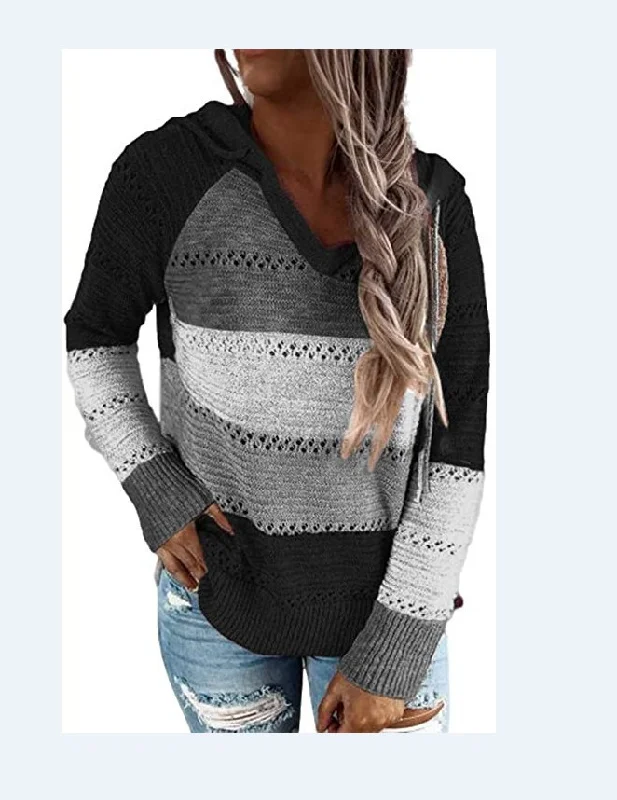 Women Casual Loose V-Neck Hollow Pullover Stripe Hooded Knitted Sweater Short Puff Sleeve