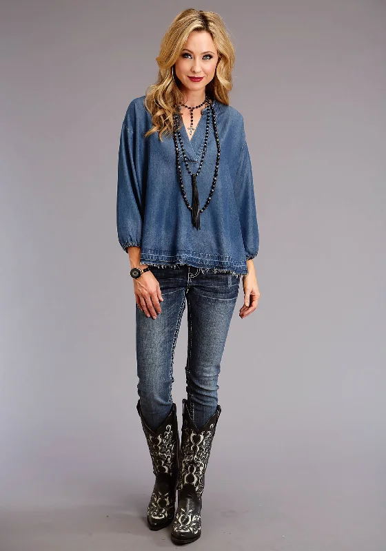 Women's Stetson Denim Pullover Blouse Plunging Neck Pullover