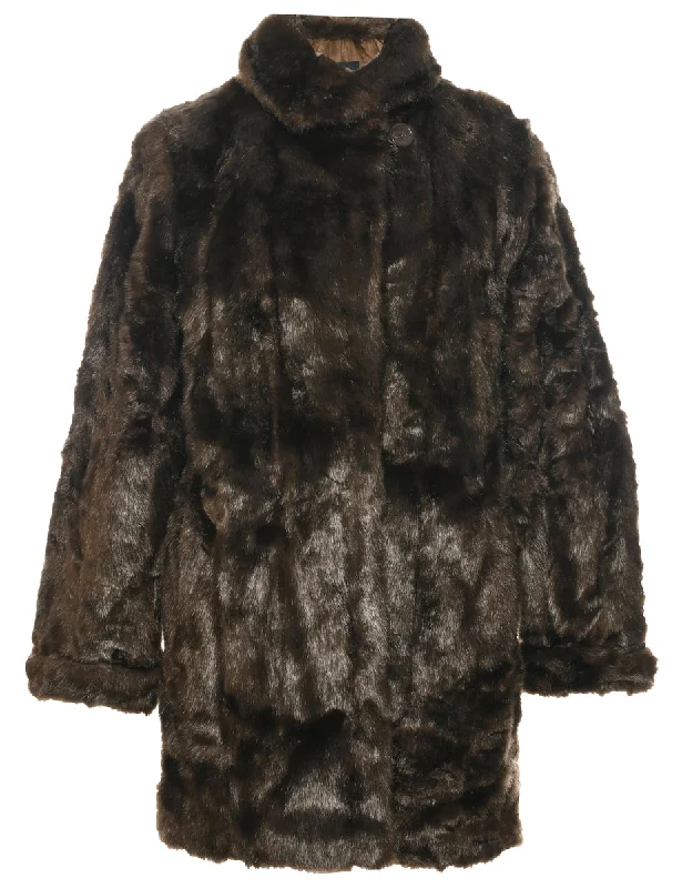 Brown Faux Fur Coat - M Down Puffer Quilted