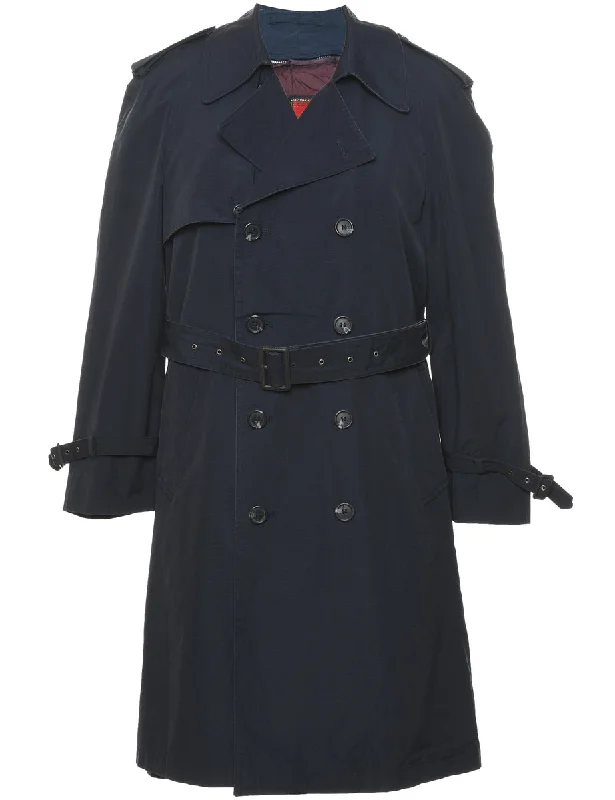 Moores Navy Double-Breasted Trench Coat - L Chenille Brocade Lace