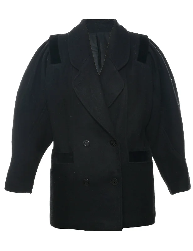 Velvet Trim Wool Coat - M Herringbone Houndstooth Plaid
