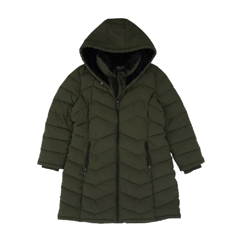 Olive Solid Puffer Coat Suede Faux Fur Shearling