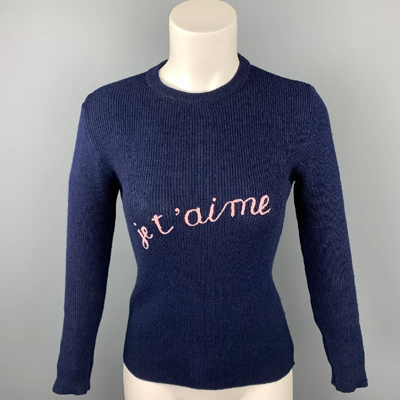 VINTAGE Size M Navy Knitted Embriodered Acrylic Pullover Shirred Sleeve Feminine