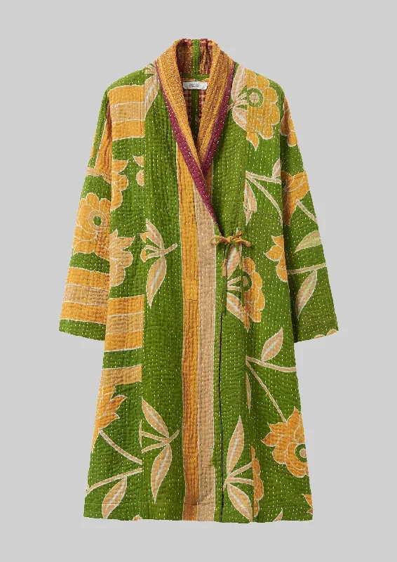 Repurposed Kantha Coat | Greens Fitted Loose Oversized