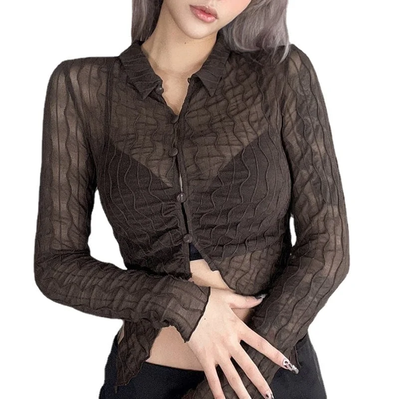 Women's Grunge Turn-down Collar Waved Sheer Crop Top Notch Collar Peter Pan Collar Cowl Neck