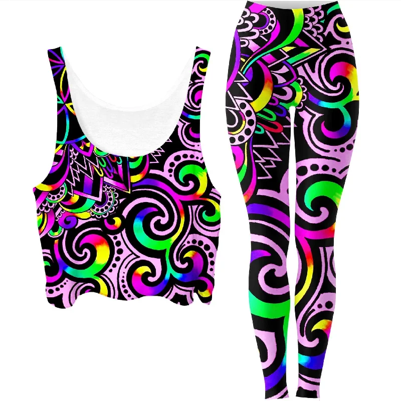 White Doodle Magic Crop Top and Leggings Combo Mesh Blend Leather Blend Suede Blend